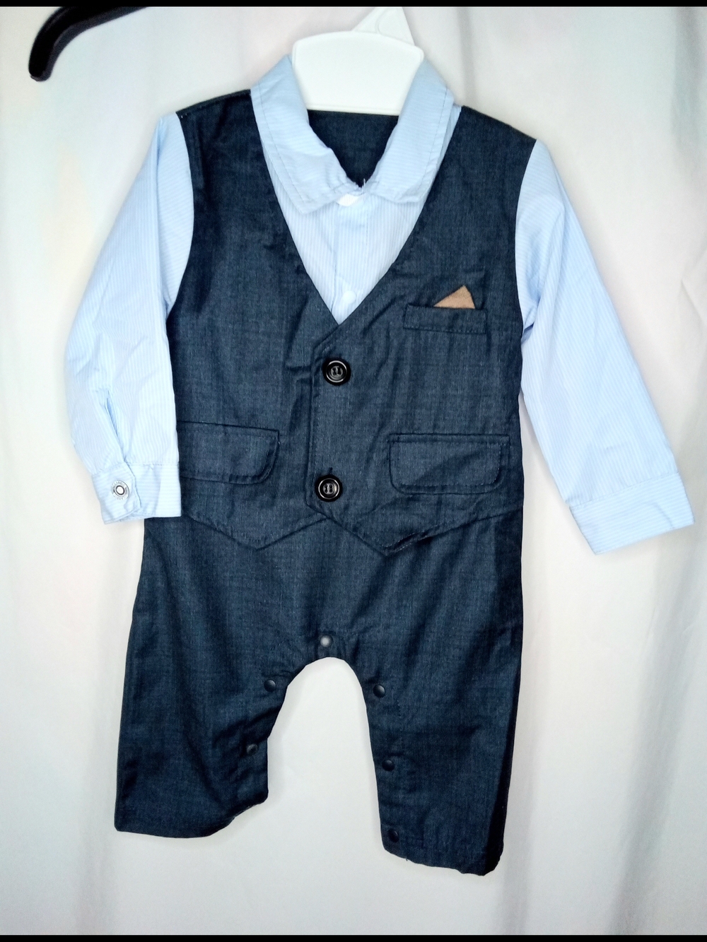 One Piece Onezie Suit Expandable Neck Pocket Hanky Striped Shirt Vest Baby 3-6M
